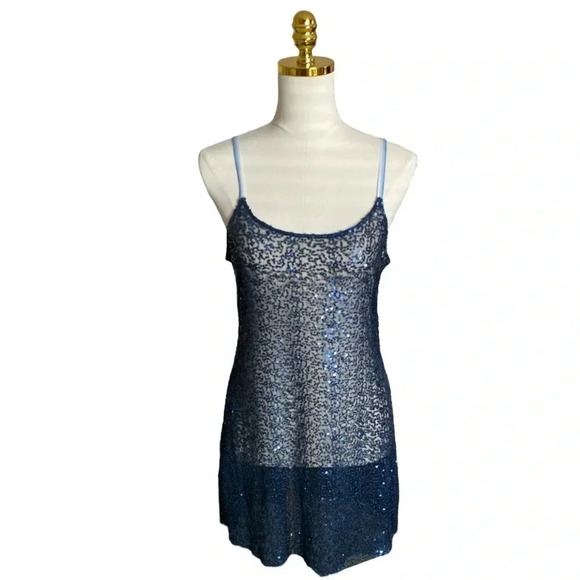 FREE PEOPLE | Intimately Blue Sparkly Sequin Embroidered Slip Mini Dress Size L - Picture 3 of 9